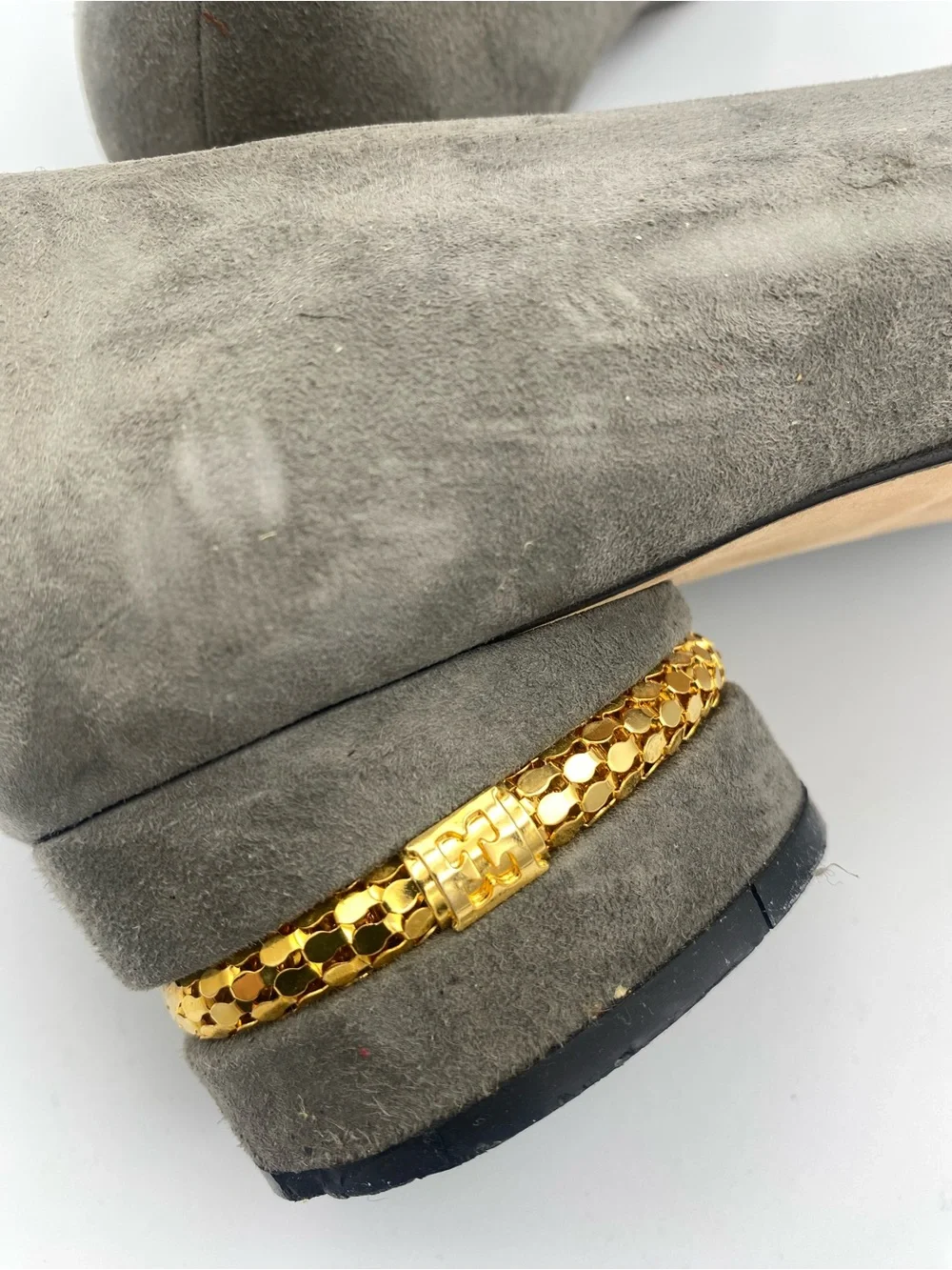 Escada Gray Suede Low Block Heel Pumps with Gold Accent